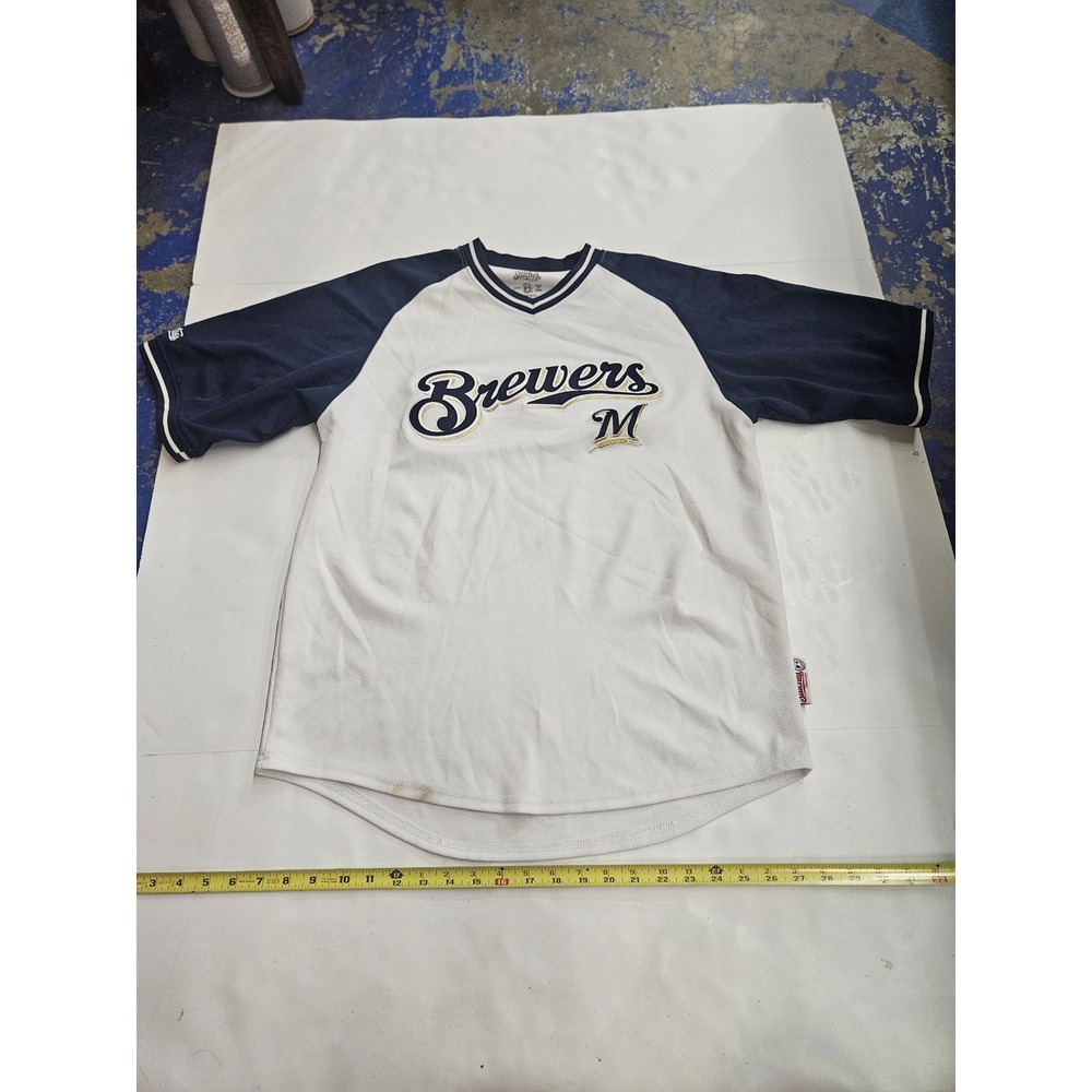 Stitches Milwaukee Brewers Baseball Jersey Mens Large White Navy Mesh V-Neck